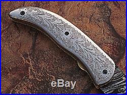 Custom Made Damascus Solid Steel Engraved Handle 7.4 Easy Lock Folding Knife