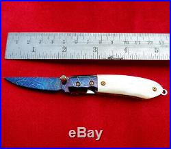 Custom Mini Folding Knife Nichols Damascus Steel White Pearl 24K Gold Screw Arts