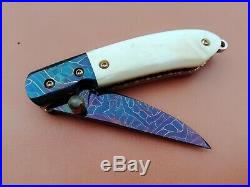 Custom Mini Folding Knife Nichols Damascus Steel White Pearl 24K Gold Screw Arts