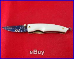 Custom Mini Folding Knife mosaic Damascus Steel 24K Gold Screw cow bone titanium