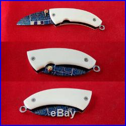 Custom Mini Folding Knife mosaic Damascus Steel cow bone titanium Arts Handle #1