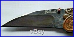 Custom One of a Kind J. Szilaski folding knife Damascus with carved shell handle