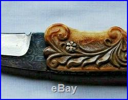 Custom One of a Kind J. Szilaski folding knife Damascus with carved shell handle