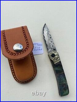 Custom Small Damascus Folding Knife And Blade Polished Ss And Dyed Maple Burl