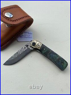 Custom Small Damascus Folding Knife And Blade Polished Ss And Dyed Maple Burl