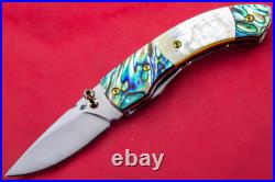 Custom Ts Handmade Folding Knife 440c Drop Point Yellow Pearl Abalone Amethyst
