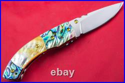 Custom Ts Handmade Folding Knife 440c Drop Point Yellow Pearl Abalone Amethyst
