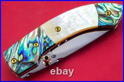 Custom Ts Handmade Folding Knife 440c Drop Point Yellow Pearl Abalone Amethyst