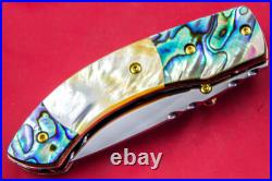 Custom Ts Handmade Folding Knife 440c Drop Point Yellow Pearl Abalone Amethyst