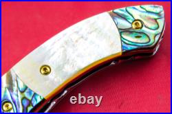 Custom Ts Handmade Folding Knife 440c Drop Point Yellow Pearl Abalone Amethyst