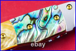 Custom Ts Handmade Folding Knife 440c Drop Point Yellow Pearl Abalone Amethyst