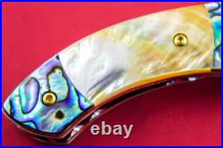 Custom Ts Handmade Folding Knife 440c Drop Point Yellow Pearl Abalone Amethyst