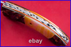 Custom Ts Handmade Folding Knife 440c Drop Point Yellow Pearl Abalone Amethyst