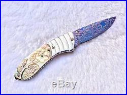 Custom folding knife Damascus steel Stainless Black pearl carved Flower handle