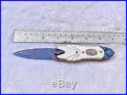 Custom folding knife Damascus steel Stainless gold pearl fossil coral mosaic art