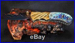 Custom folding knife Damascus steel brass Abalone black engraved handle pc38