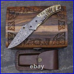 Custom hand Made Damascus steel Blade Folding Pocket Knife& Wood Box Best Gift