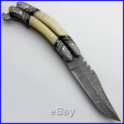 Custom hand made Damascus Steel Folding lock Back knife WithLeather Sheath