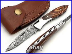 Custom hand made Damascus steel folding knife pocket knife brown wood steel clip