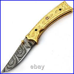 Custom handmade Damascus Steel Hunting Folding Pocket knife Brass Handle sheath