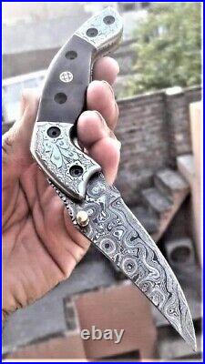 Custom handmade damascus steel hunting pocket folding knife with wood handle