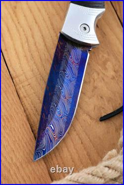 Custom handmade hand-forged folding knife Aztec Mosaic Damascus