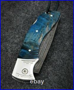 Custom handmade hand-forged folding knife Blue Fox Damascus
