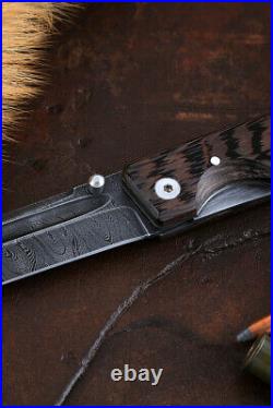 Custom handmade hand-forged folding knife Tanto Ronin Damascus
