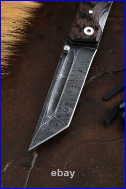 Custom handmade hand-forged folding knife Tanto Ronin Damascus