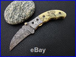 Custom made Damascus folding knife Bone hand Scrimshaw Ram pocket knife