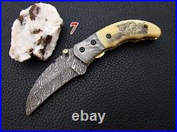 Custom made Damascus folding knife Bone hand Scrimshaw leopard pocket knife