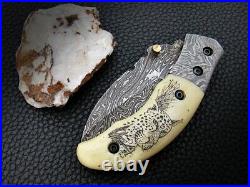 Custom made Damascus folding knife Bone hand Scrimshaw leopard pocket knife