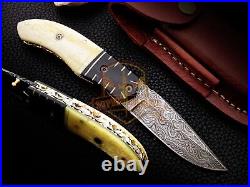 Custom made Damascus folding knife Bone pocket knife bull bolster