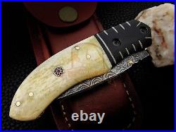 Custom made Damascus folding knife Bone pocket knife bull bolster