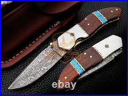 Custom made Damascus folding knife Rosewood pocket knife Stainless steel bolster