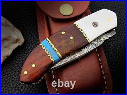 Custom made Damascus folding knife Rosewood pocket knife Stainless steel bolster