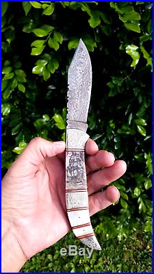 Custom made scrimshaw Damascus Blade folding knife by Shar