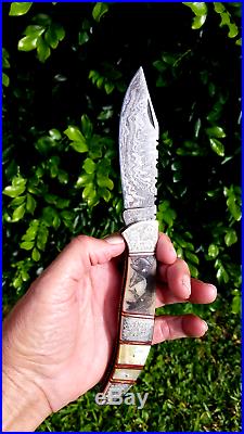 Custom made scrimshaw Damascus Blade folding knife by Shar
