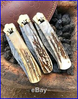 DAMASCUS HANDMADE 9 FOLDING POCKET KNIFE (Lot Of 3) SPECIAL KNIFE STAG HANDLE