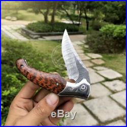 DAMASCUS HUNTING CAMPING RESCUE FOLDING POCKET KNIFE SNAKEWOOD ANLTER With SHEATH