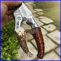 DAMASCUS HUNTING CAMPING RESCUE FOLDING POCKET KNIFE SNAKEWOOD ANLTER With SHEATH