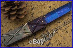 DC CUSTOM HANDMADE Folding Knife Color Damascus Black MOP 24K Screw Free Sheath