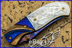 DC CUSTOM HANDMADE Folding Knife Color Damascus White Peal 24K Screw Free Sheath