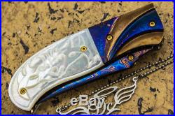 DC CUSTOM HANDMADE Folding Knife Color Damascus White Peal 24K Screw Free Sheath