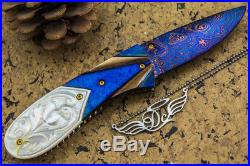 DC CUSTOM HANDMADE Folding Knife Color Damascus White Pearl 24K Gold Screw FS