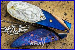 DC CUSTOM HANDMADE Folding Knife Color Damascus White Pearl 24K Gold Screw FS