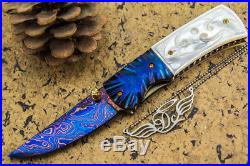 DC CUSTOM HANDMADE Folding Knife Color Damascus White Pearl Straight Back Blade