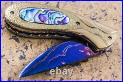 DC Custom Folding Knife Color Damascus Abalone inset Anodised Stainless Handle