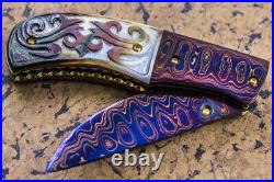DC Custom Folding Knife Color Damascus Black Pearl Anodised Titanium Topaz Stud