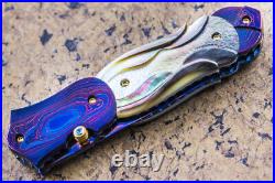 DC Custom Folding Knife Color Damascus Black Pearl Anodized Titanium Topaz Stud